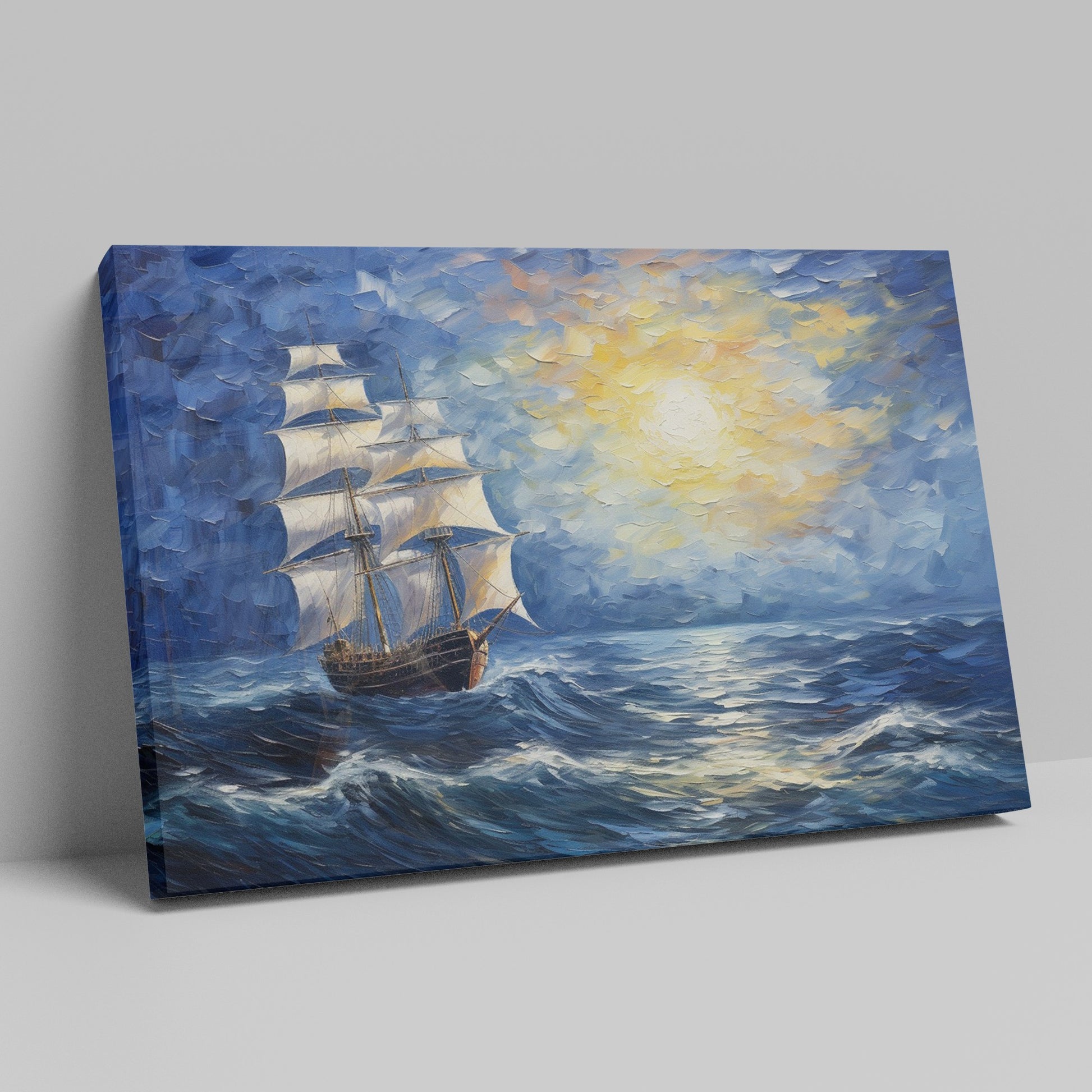 Framed canvas print of a historic sailing ship at sunset with a vibrant seascape