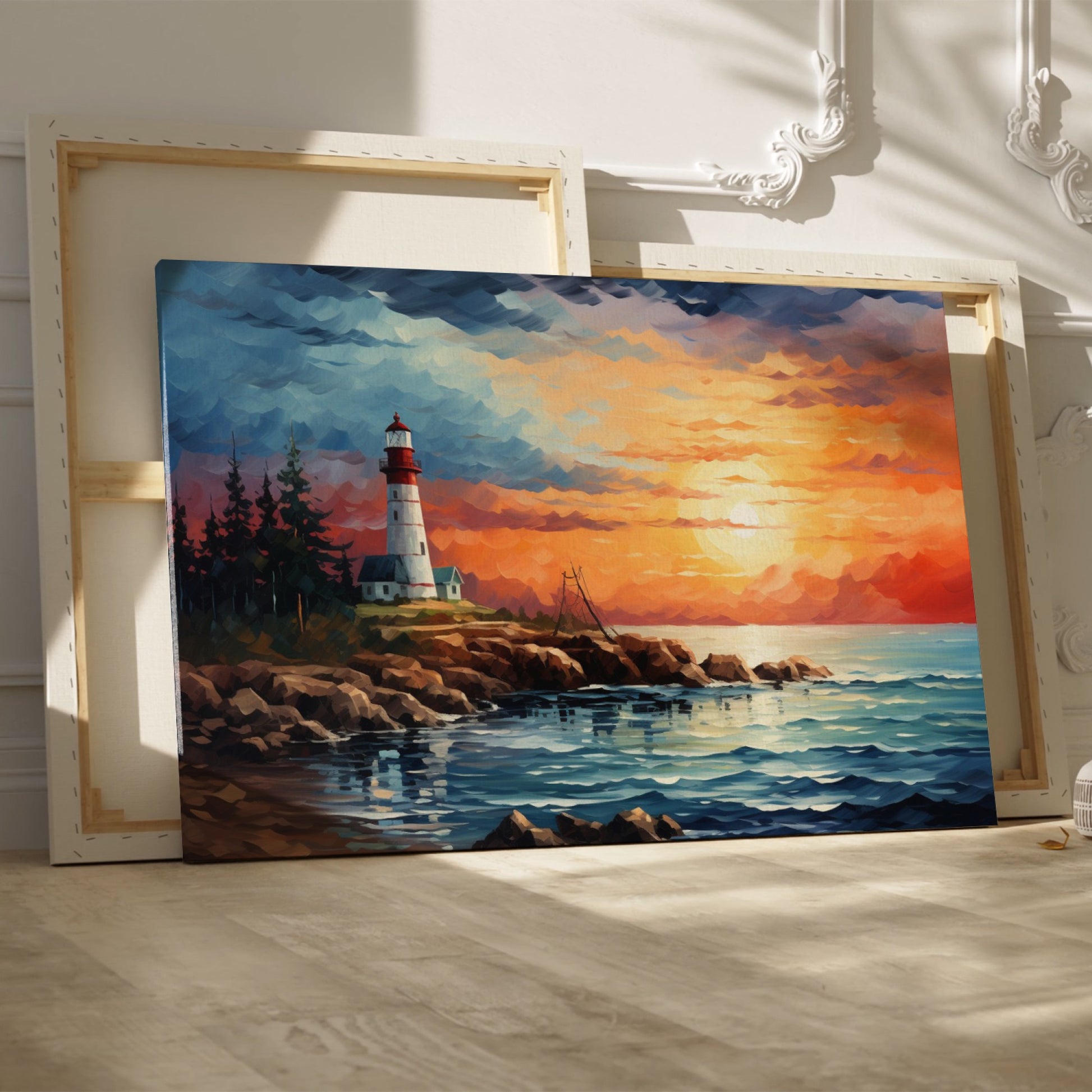 Framed canvas print of a vibrant impressionist sunset over a lighthouse and ocean