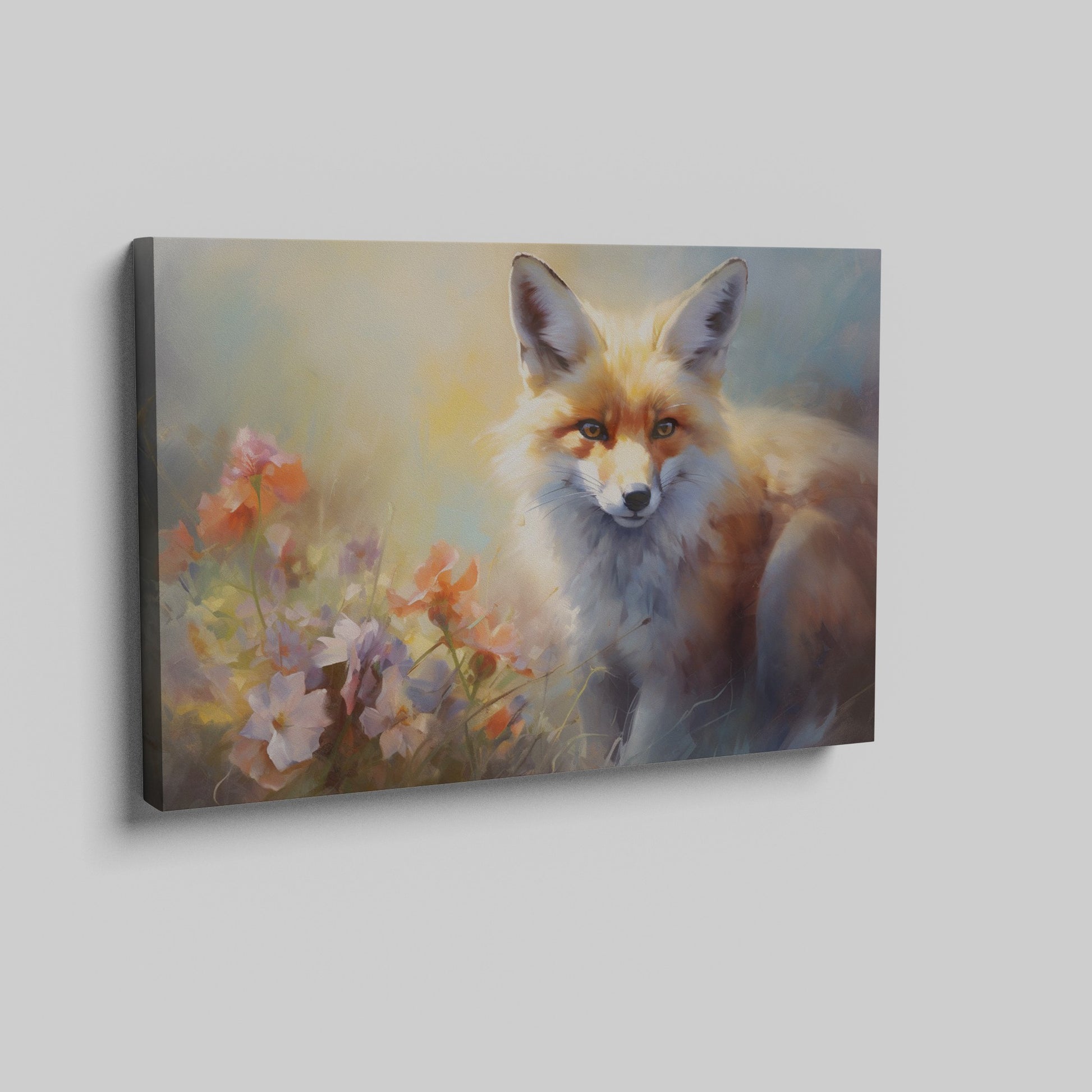 Framed canvas print of a majestic fox among vibrant wildflowers, with warm and impressionistic tones