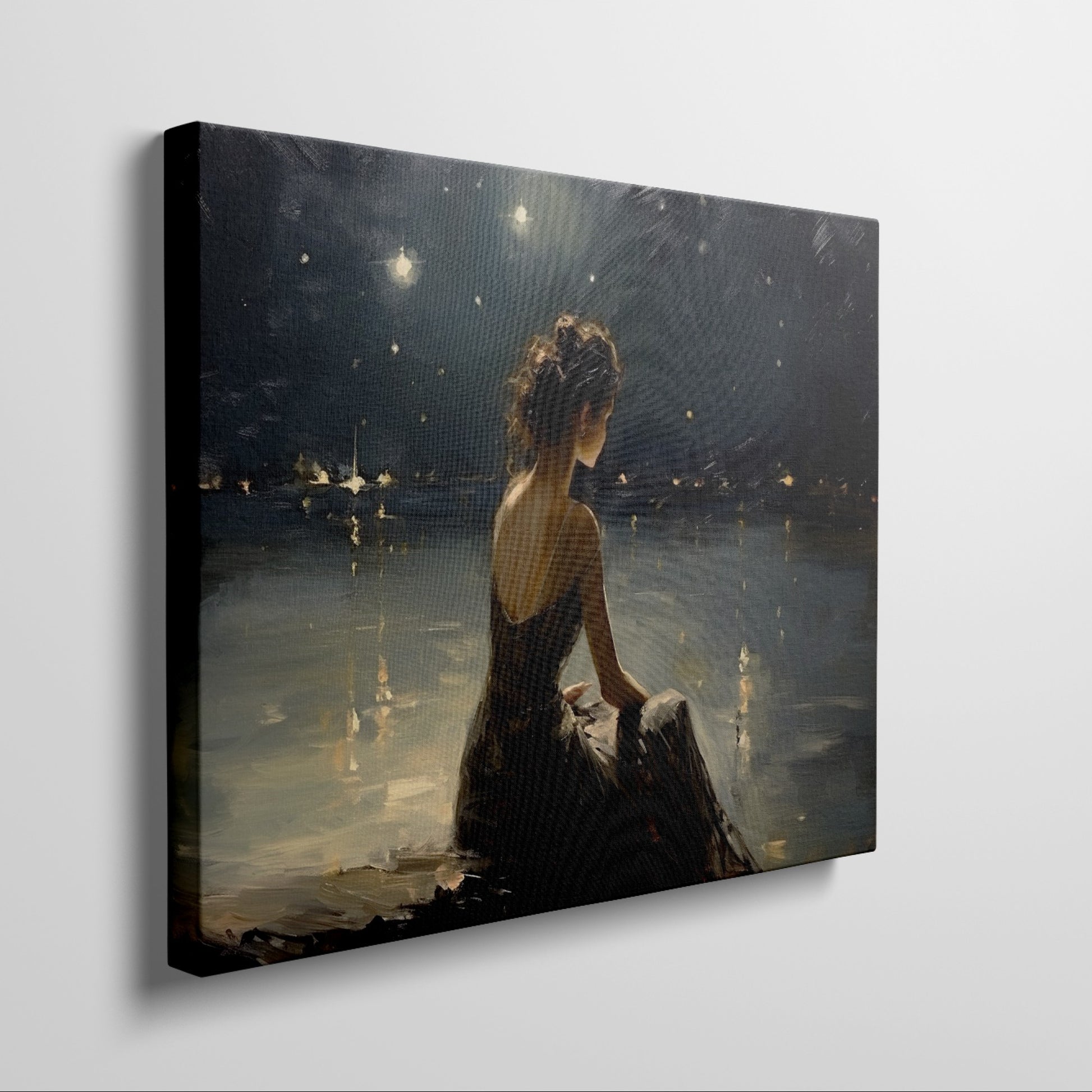 Framed canvas print of a woman in an evening dress admiring the reflective waters on a tranquil night