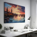 Framed canvas print of a scenic London skyline at sunset with vibrant hues and the River Thames