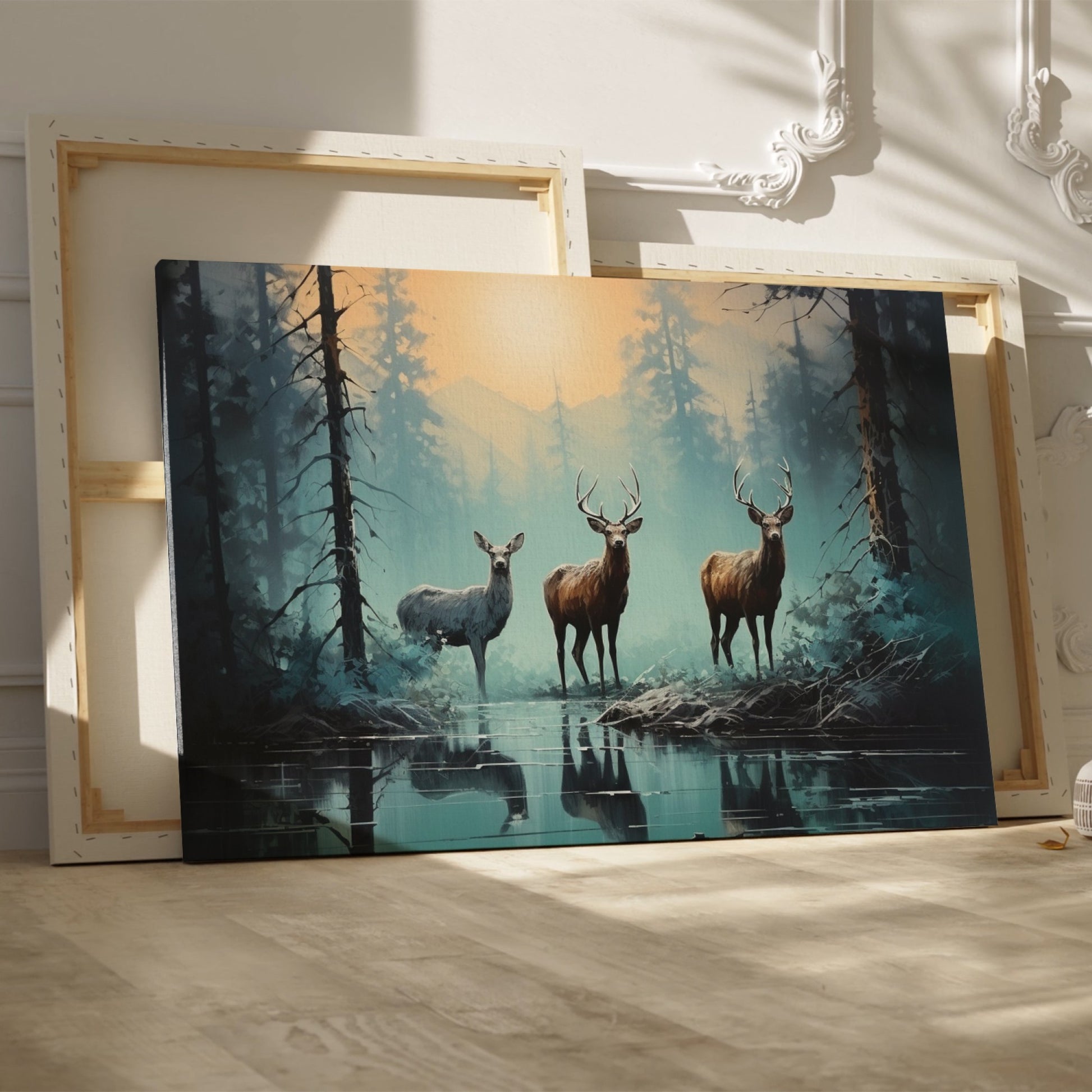 Framed canvas print of deer in a forest at sunrise with reflections in water, blue and orange tones