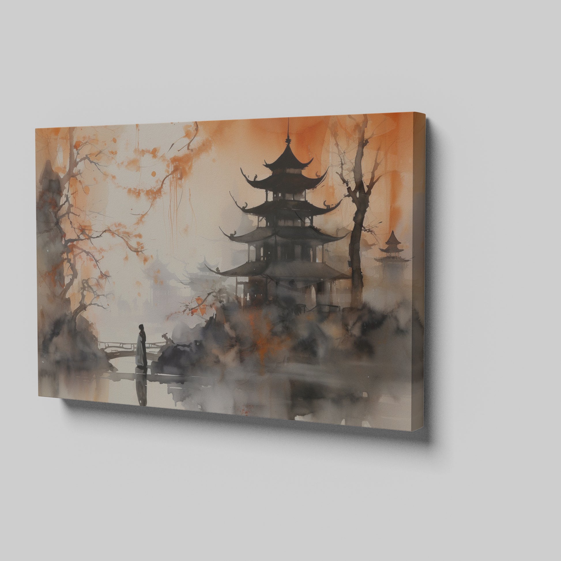 Framed canvas print of Oriental landscape with a pagoda and person on a bridge in misty watercolour technique