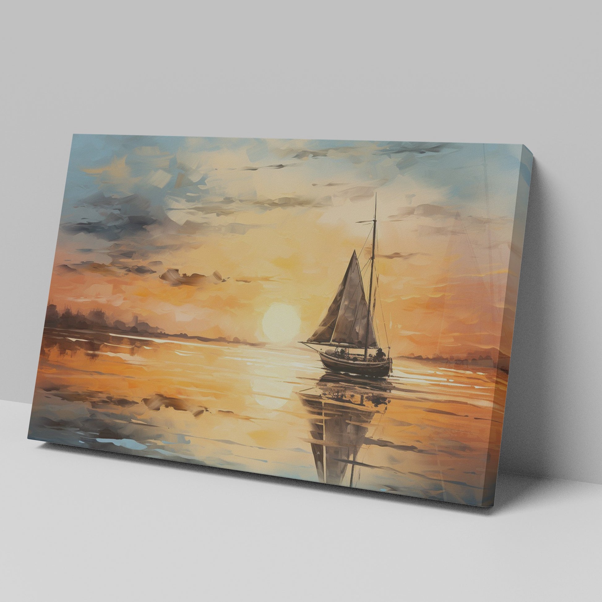 Framed canvas print of sailboat against golden sunset with peaceful ocean reflection