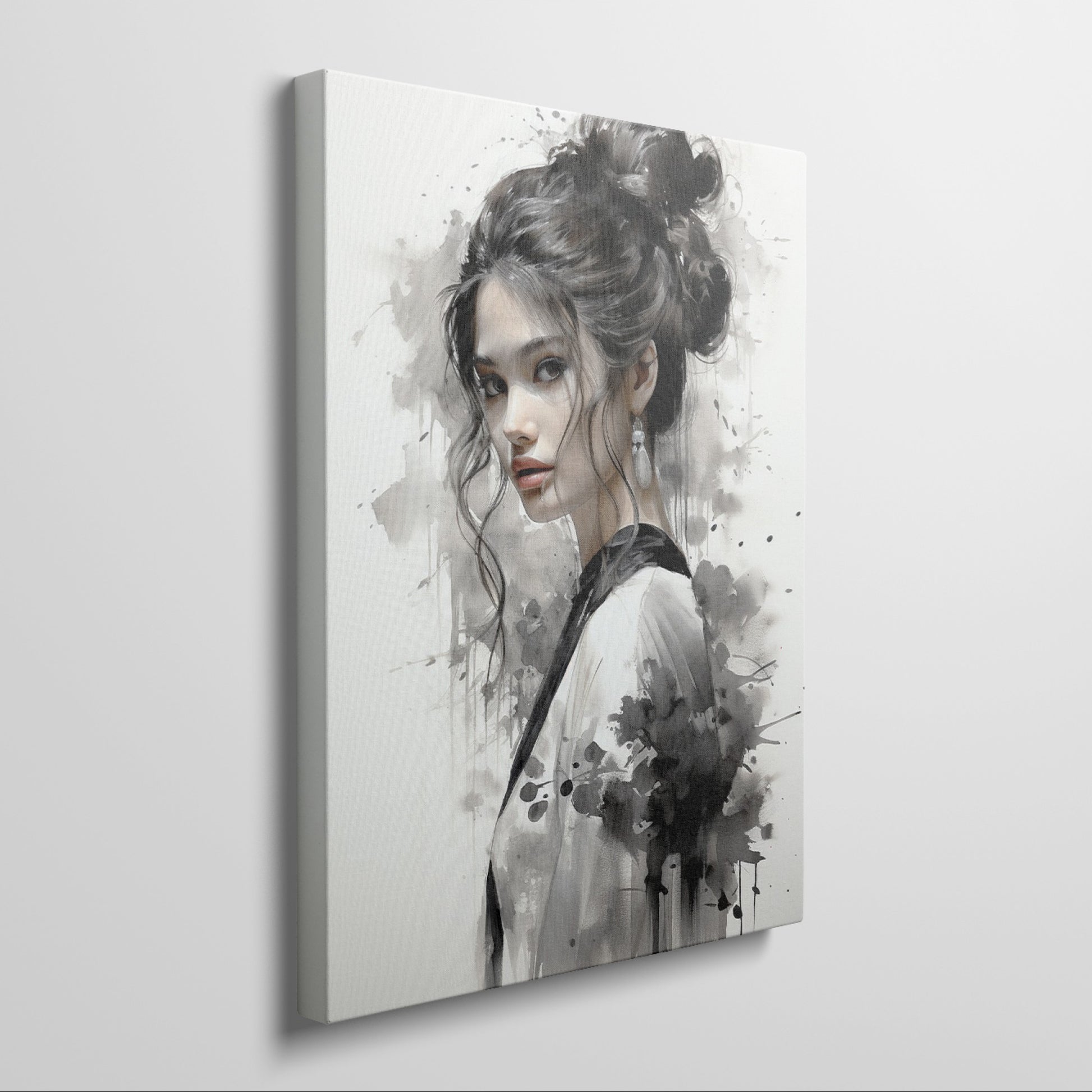 Framed canvas print of an abstract woman portrait in monochrome with dynamic ink splashes