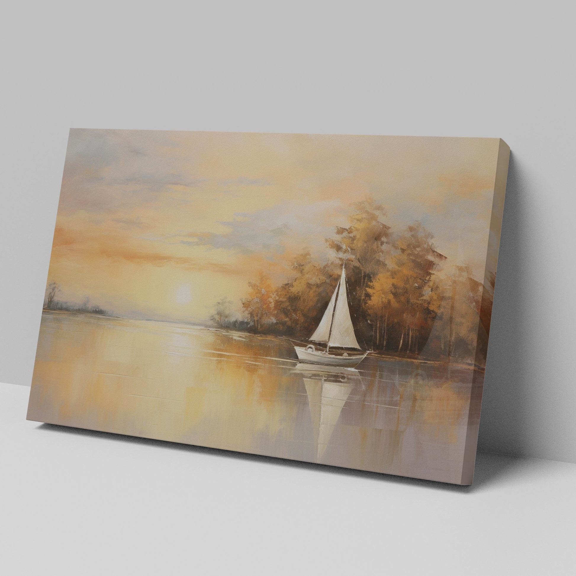 Framed canvas print of a sailboat during sunset with golden sky and water reflections