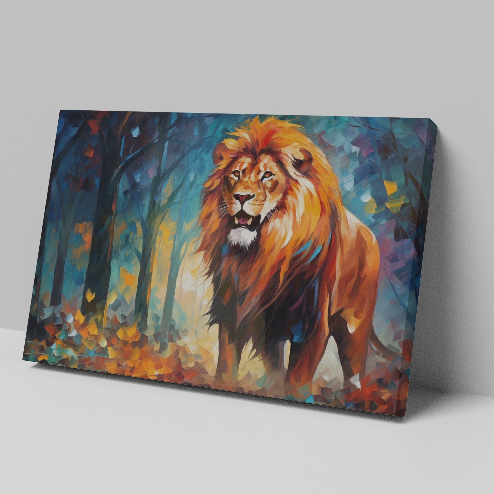 Framed canvas print of an abstract geometric lion in a vibrant autumn forest