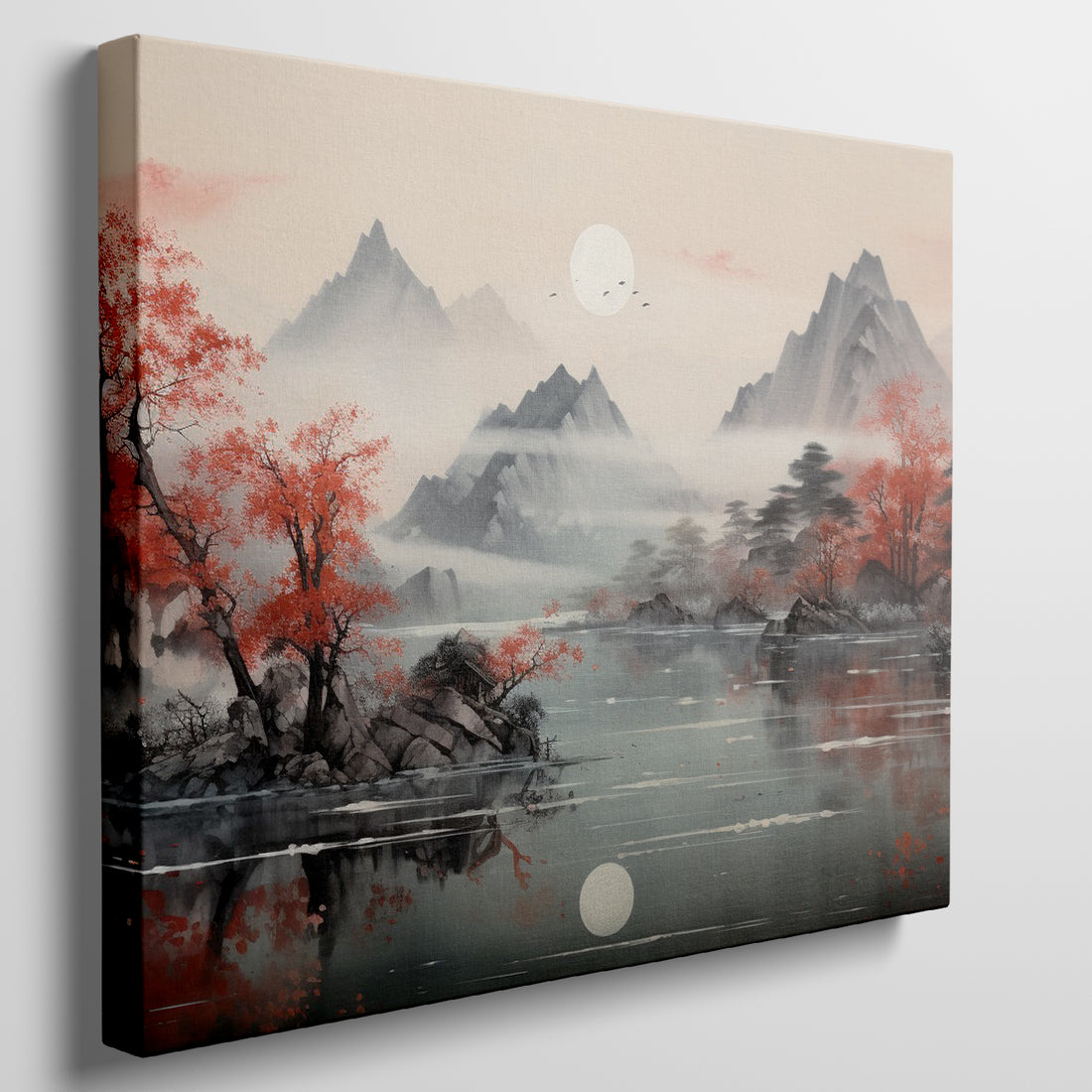 Framed canvas print of oriental landscape with red autumn trees and serene mountain reflections