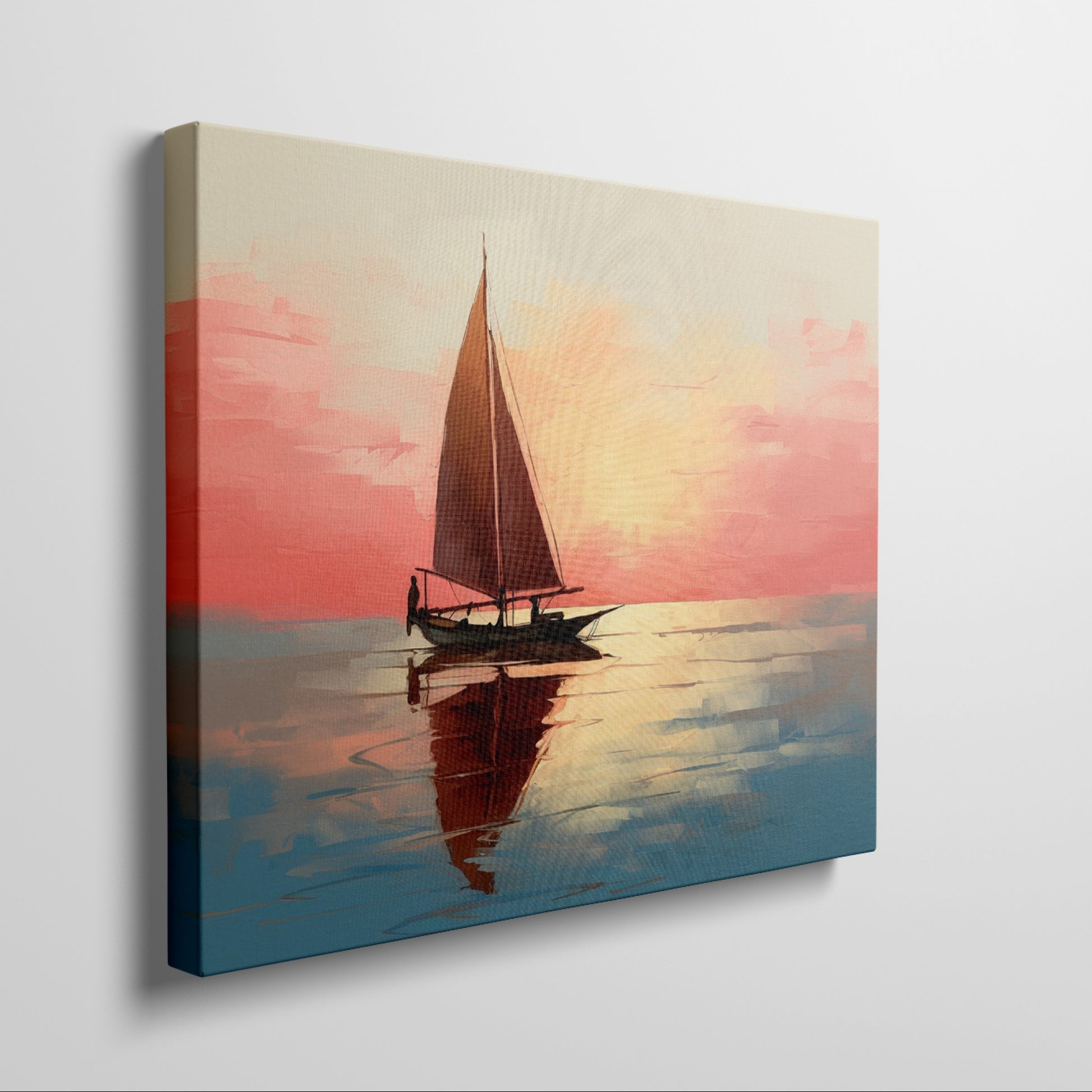 Impressionistic sailboat at sunset with vibrant orange, red, and blue hues reflecting on water