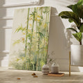 Framed canvas print of a tranquil bamboo grove in warm and cool shades, ideal for a nature-inspired interior