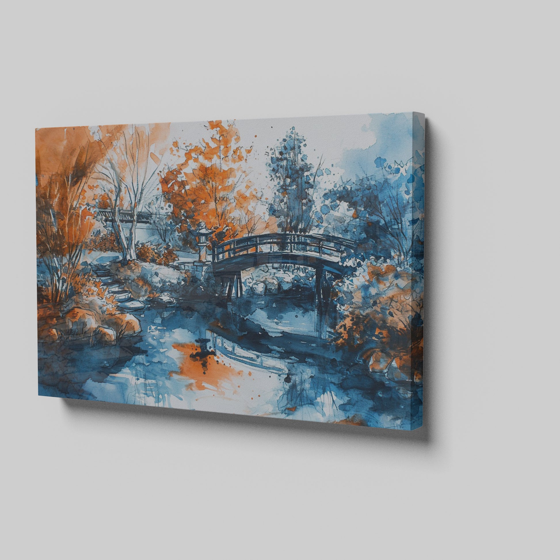 Framed canvas print of an Oriental garden scene with a bridge over water in autumnal hues of orange and blue