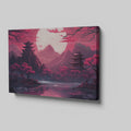 Framed canvas print of Oriental landscape with pagodas, cherry blossoms, and a full moon