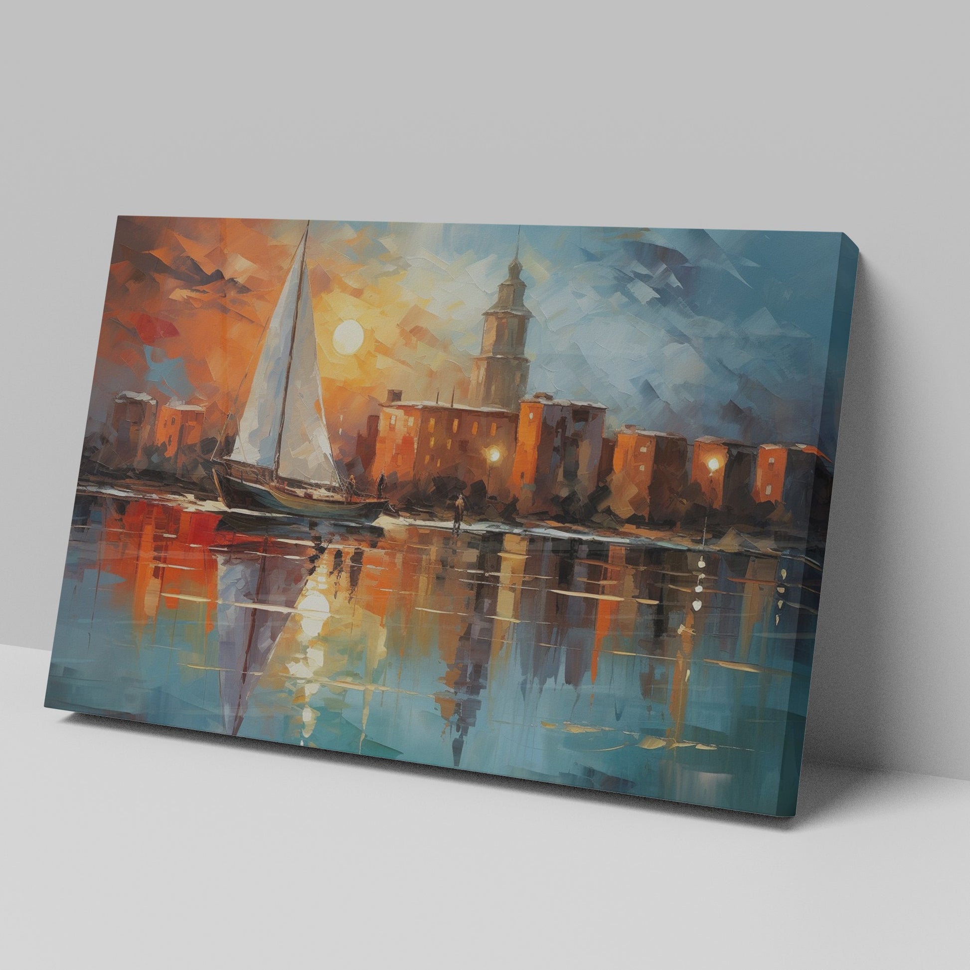 Framed canvas print of an abstract impressionistic sunset marina with a sailing boat and city silhouette