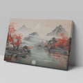 Framed canvas print of Oriental landscape with red autumn leaves and mountain reflections