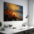 Framed canvas print of impressionist sunset with vivid brushstrokes in golden and blue