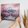 Framed canvas print of Mount Fuji with cherry blossoms and reflective lake