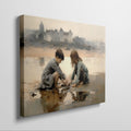 Framed canvas print of two children playing by the shore with a castle in the background