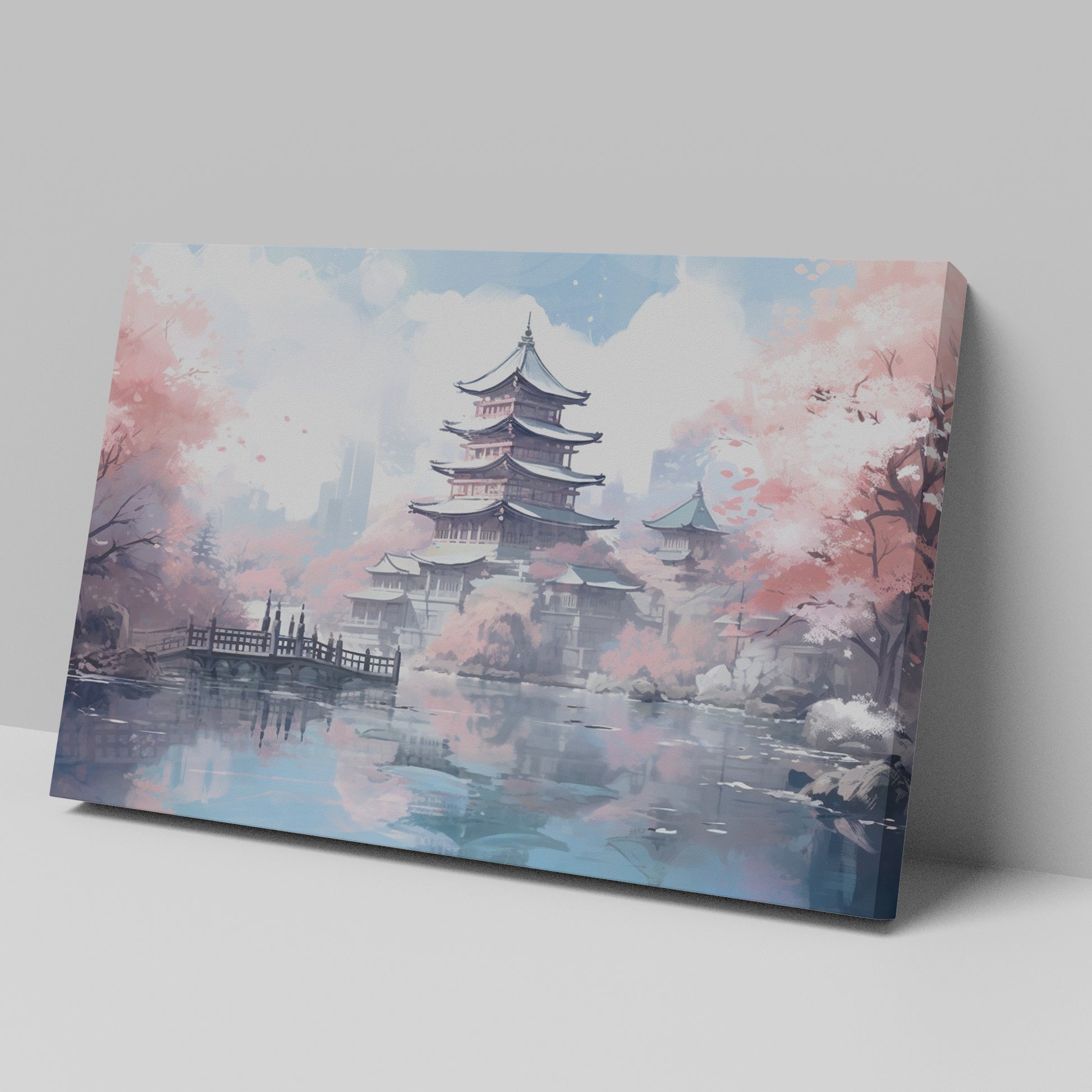 Framed canvas print of a Japanese pagoda surrounded by cherry blossoms and reflected in a tranquil pond