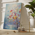 Framed canvas print of an impressionist painting with colourful birds and flowers by a lake