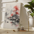 Framed canvas print of traditional Oriental landscape with misty mountains, a serene lake, and red foliage