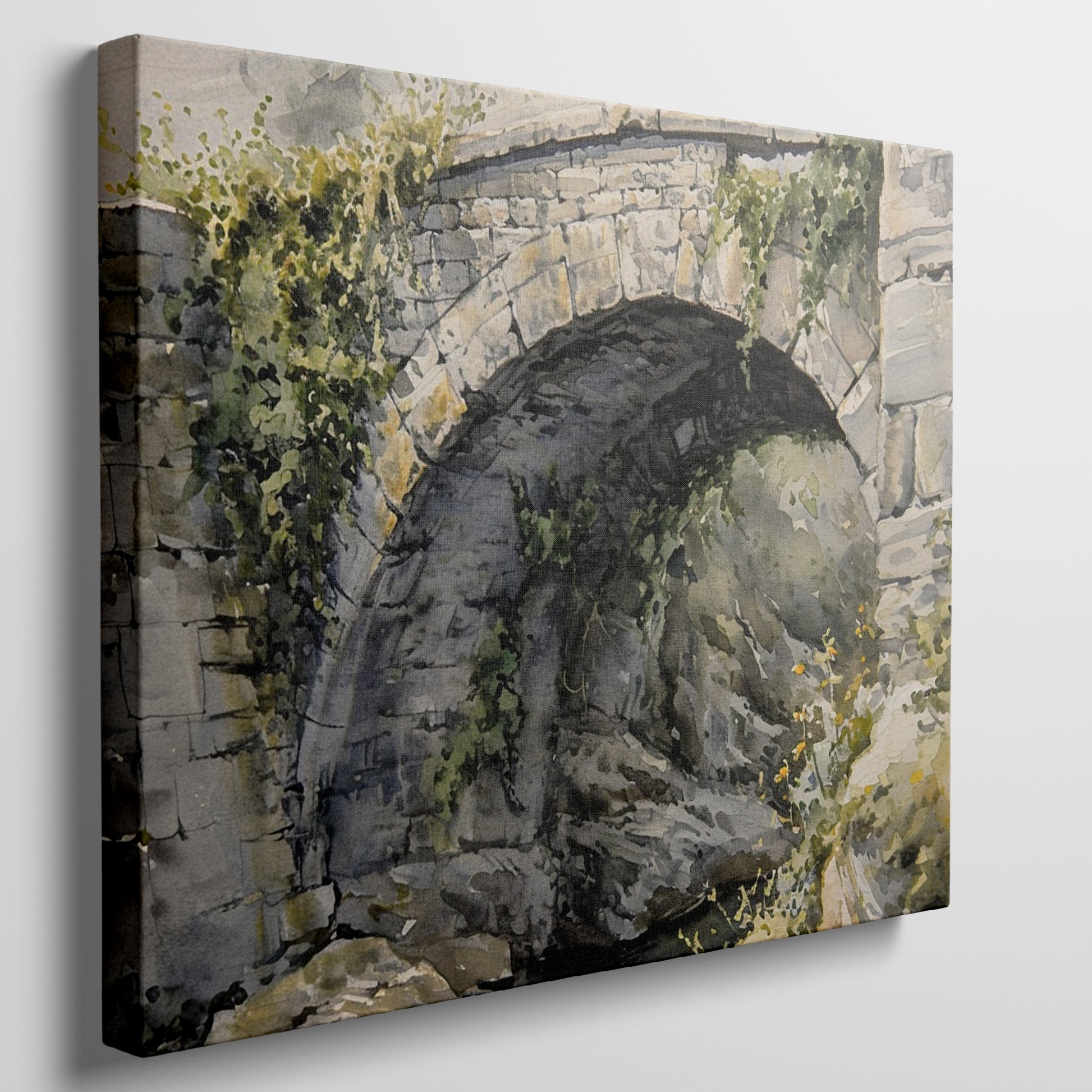 Framed canvas print of a rustic stone bridge with ivy in watercolour style