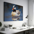 Framed canvas print of an impressionistic painting of a duck on water with blue tones