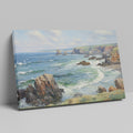 Framed canvas print of a serene seascape with ocean waves, cliffs, and blue skies