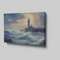 Framed canvas print of a lighthouse by the sea at sunset with crashing waves