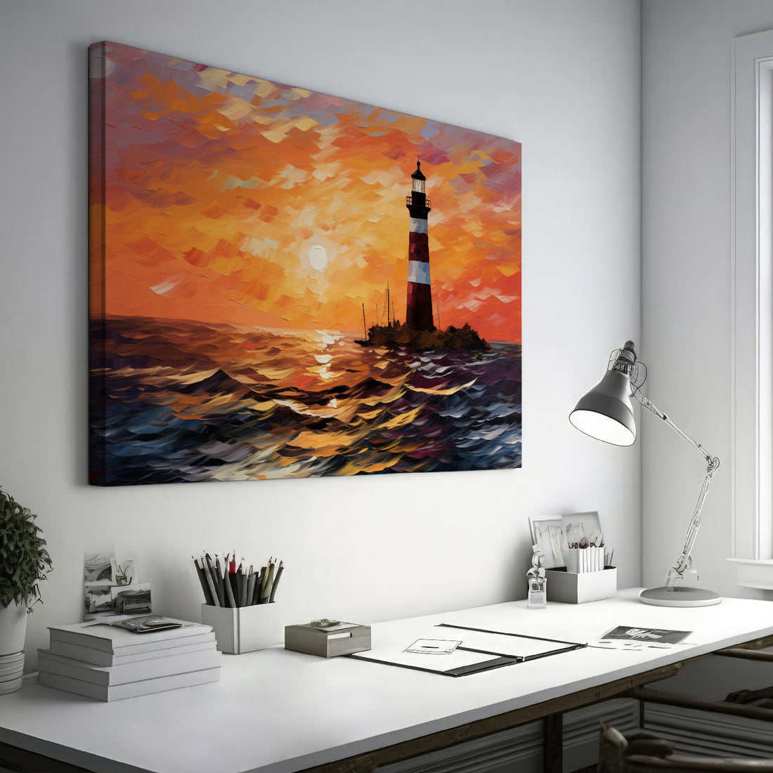 Framed canvas print of a lighthouse at sunset with vibrant colours and impressionist style