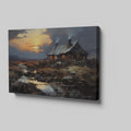 Framed canvas print of a rustic cottage with illuminated windows at sunset, set against a serene countryside landscape with a reflective creek.