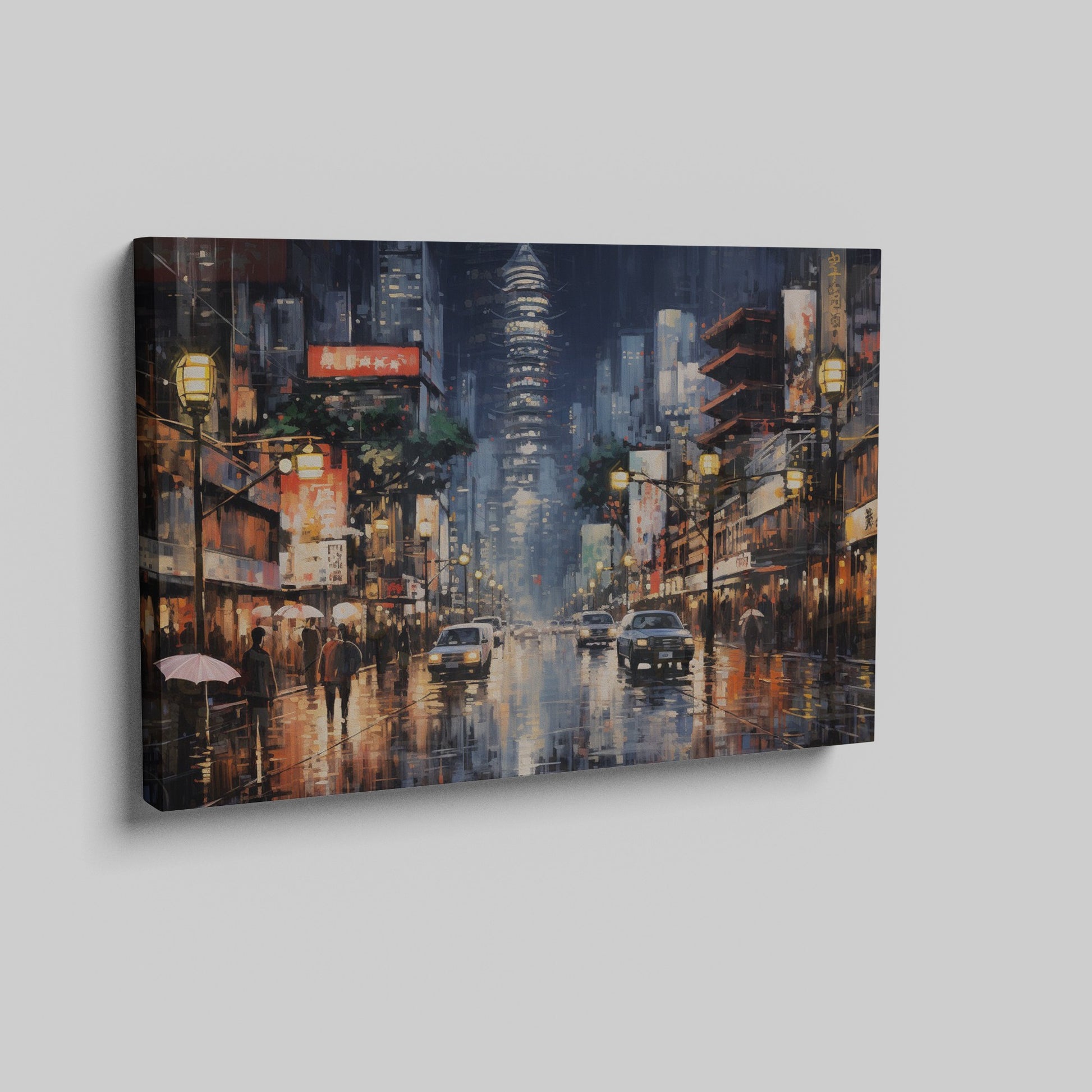 Framed canvas print of an urban street scene with illuminated pagoda and glistening rain-covered streets at night