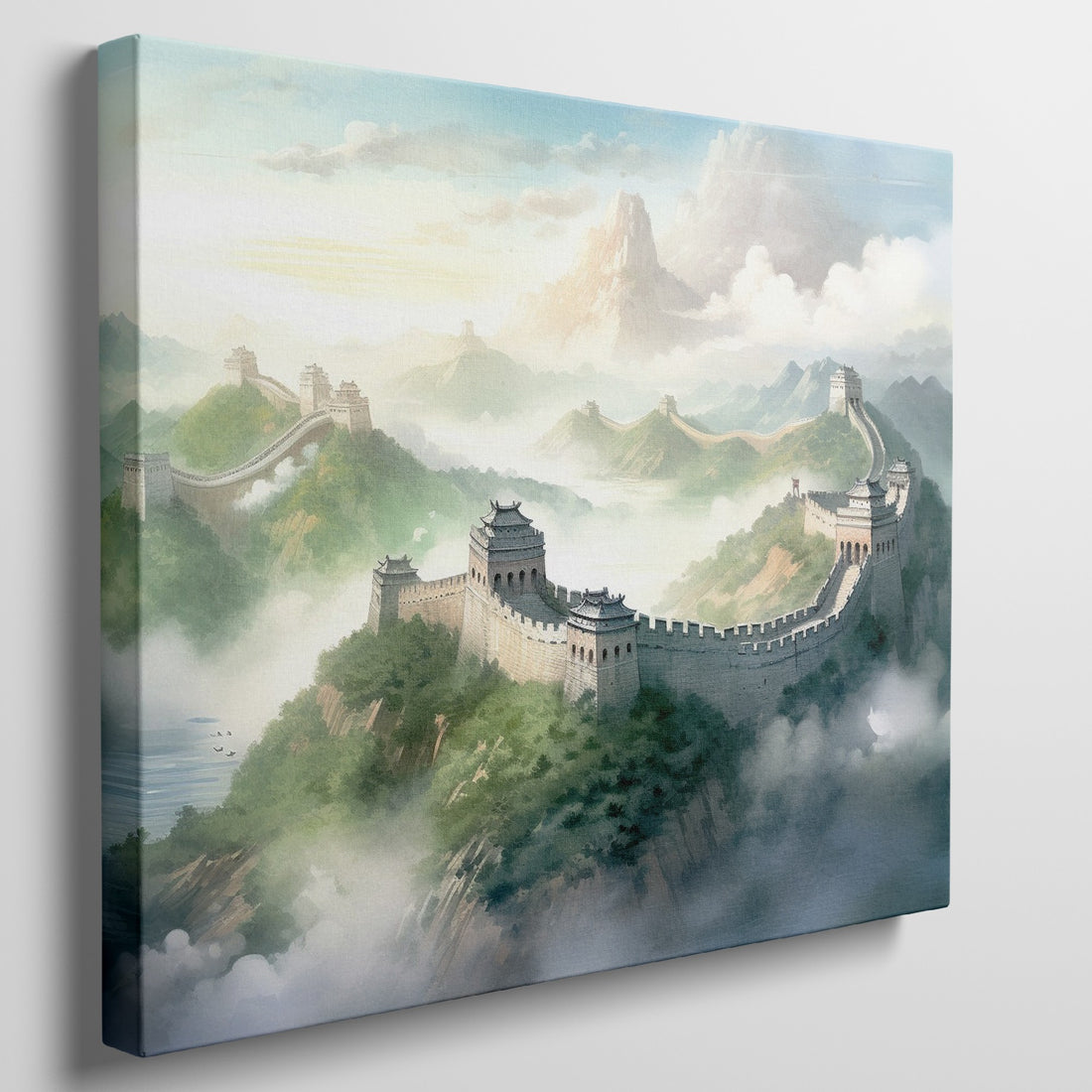 Framed canvas print of the Great Wall of China amidst a misty, mountainous landscape