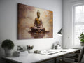 Framed canvas print of a serene Buddha statue with autumnal colours and water reflection