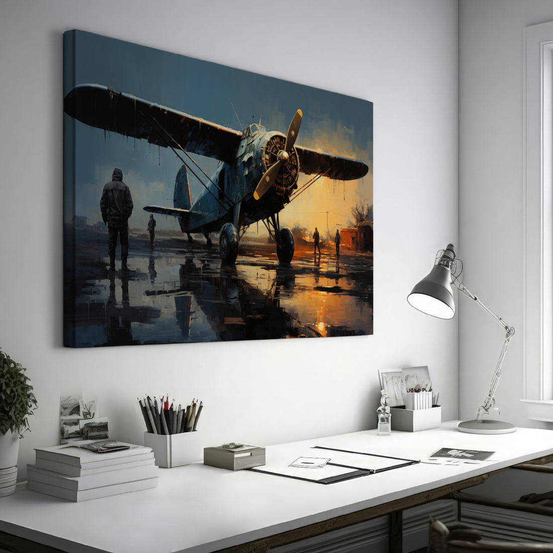 Framed canvas print of vintage warplane at a reflective wet airfield during twilight