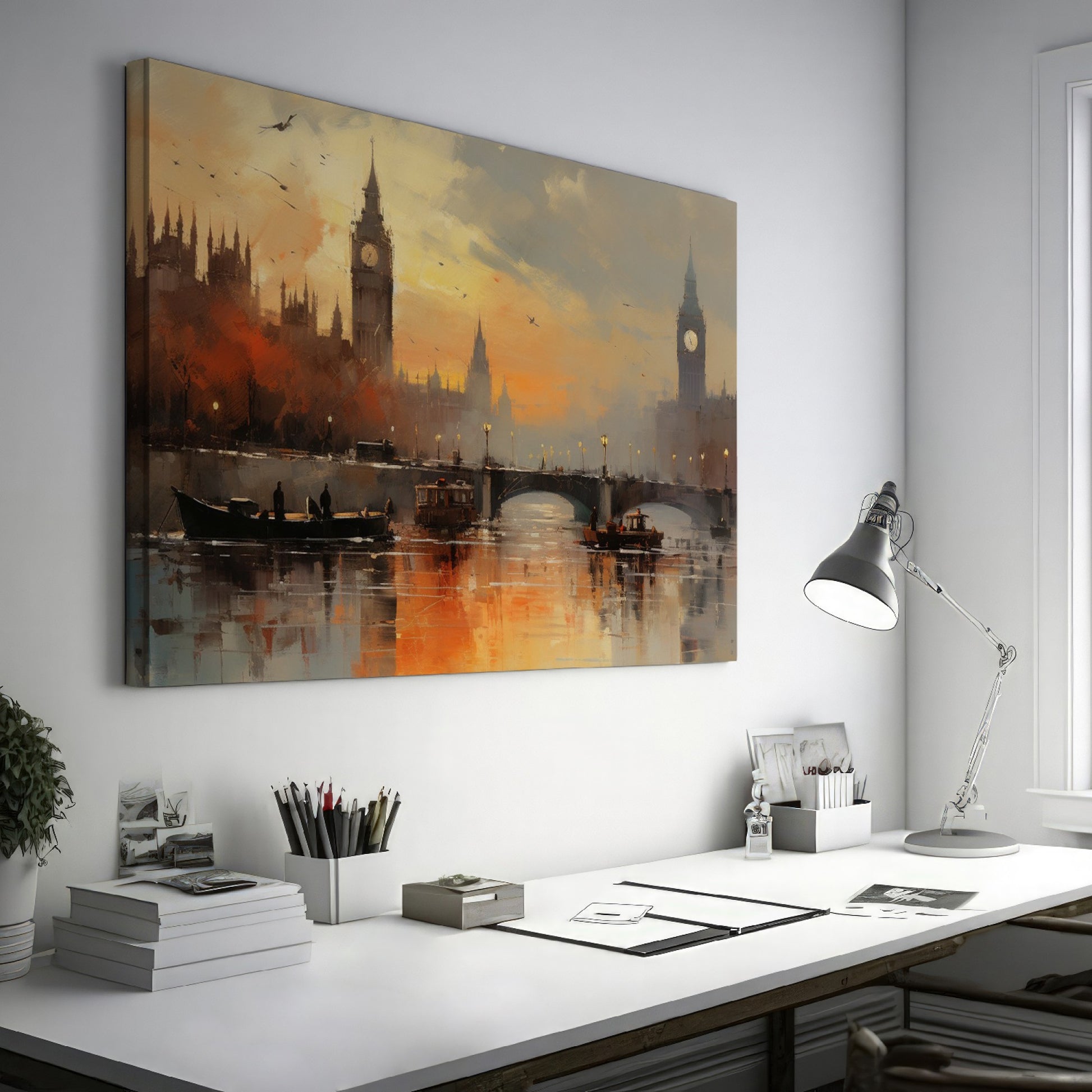 Framed canvas print of London's Big Ben and River Thames during sunset with impressionist style painting