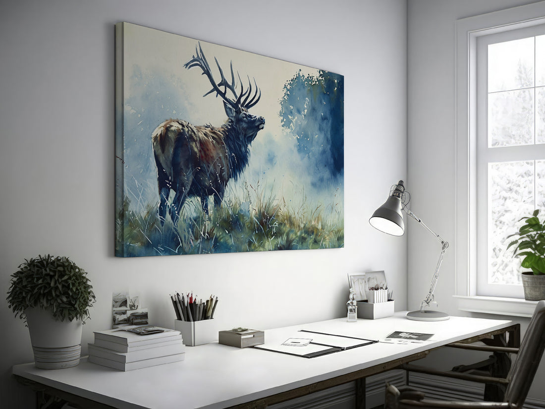 Framed canvas print of a majestic stag in watercolor style