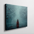 Framed canvas print of a girl in red standing in a mystical blue forest with butterflies