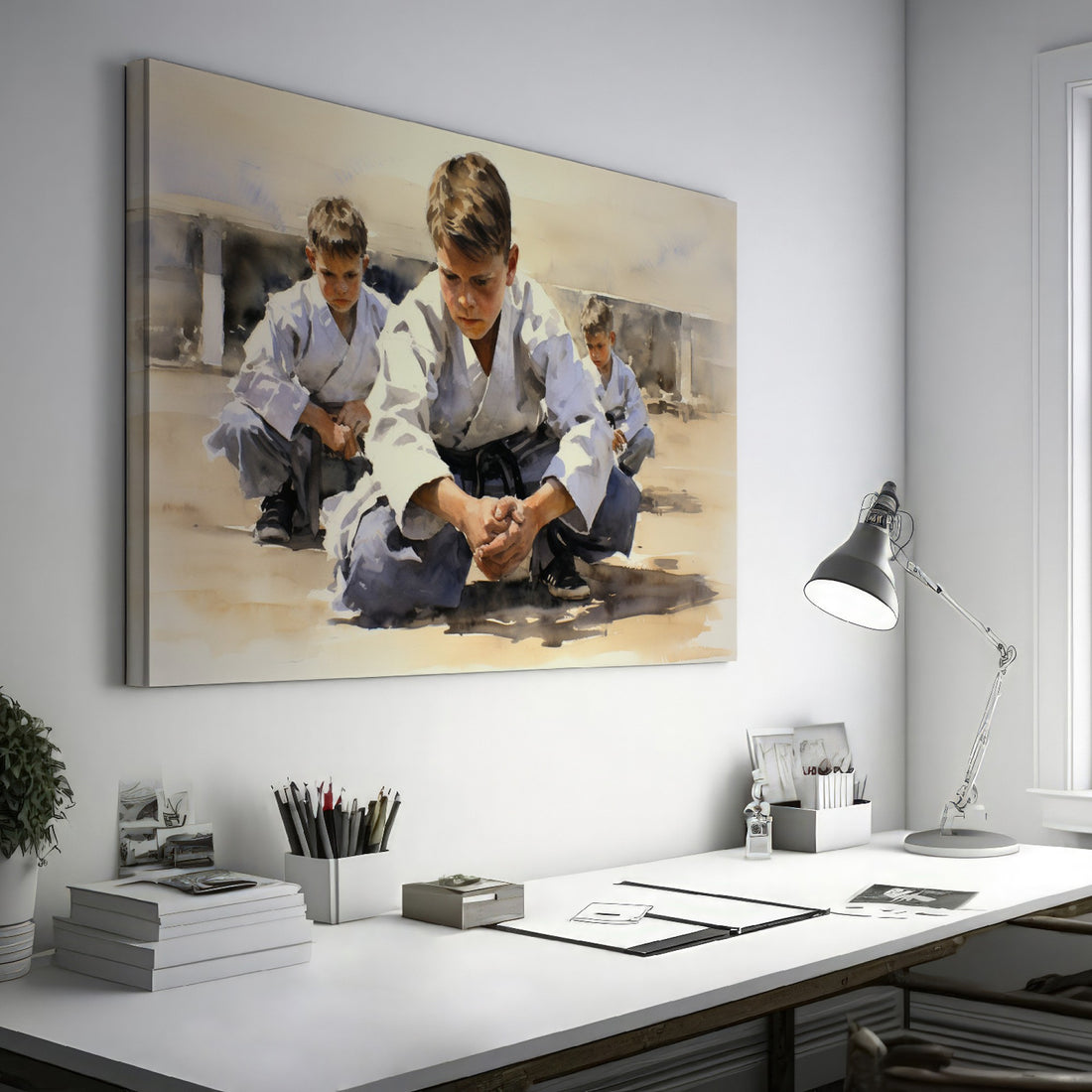 Framed canvas print of young karate students practicing in a dojo setting with warm neutral tones