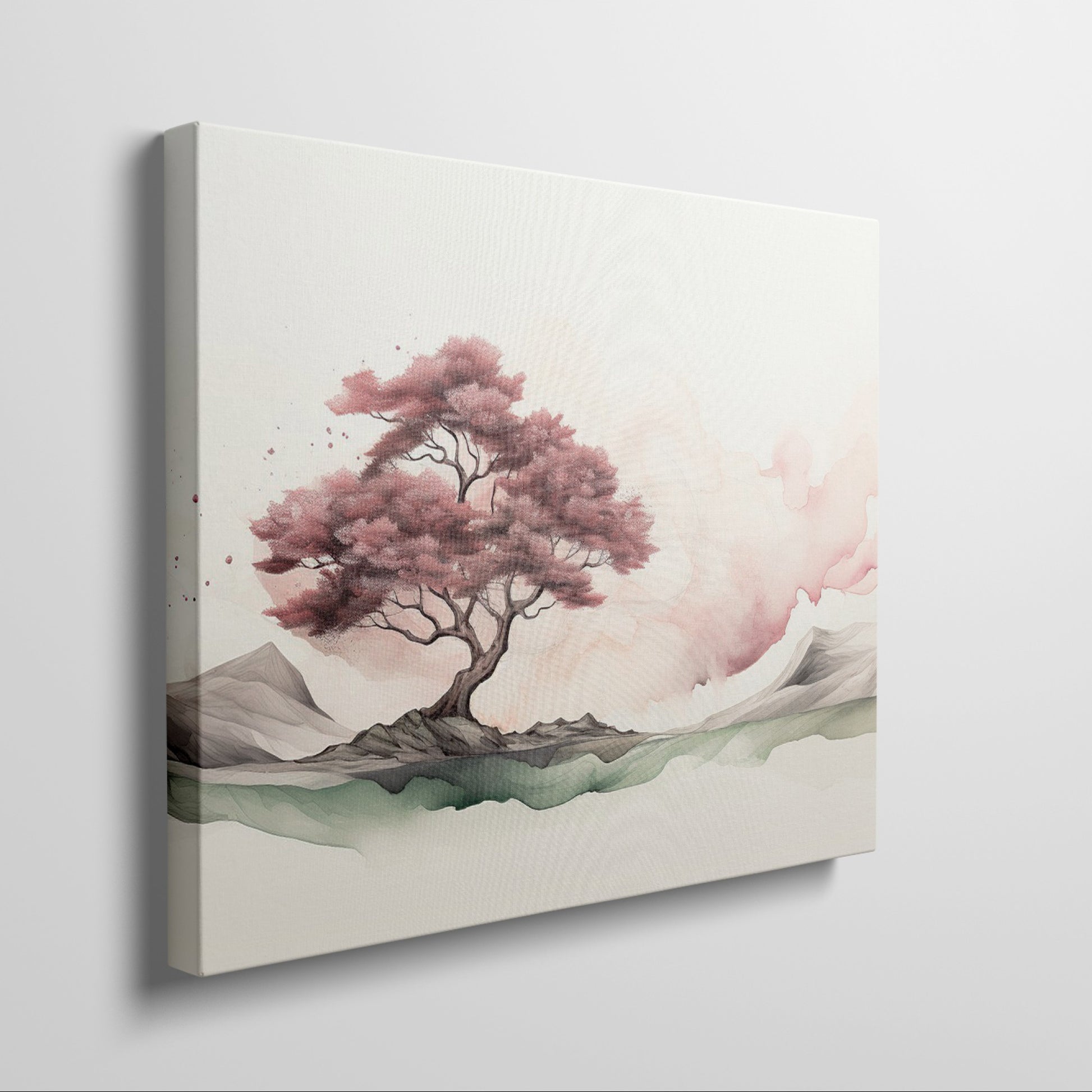 Framed canvas print of a serene ink wash painting featuring a cherry blossom tree and misty landscape