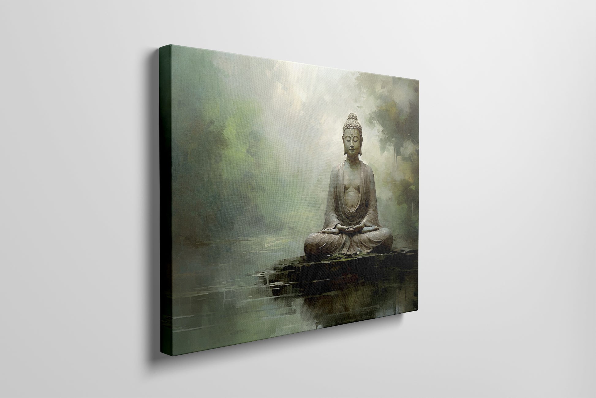 Framed canvas print of a meditative Buddha in serene colors