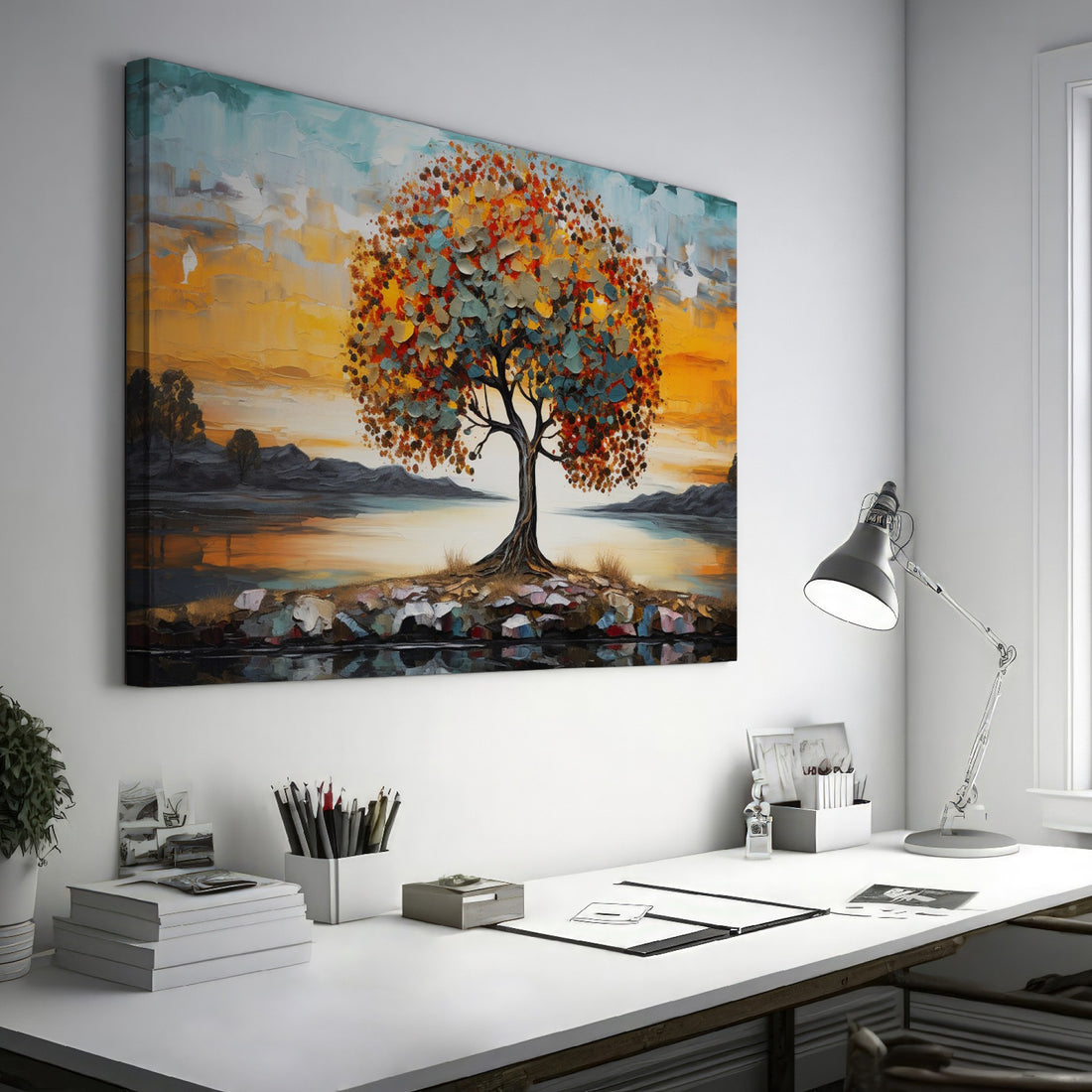 Textured canvas art of a tree with autumn leaves and a serene sunset in the background