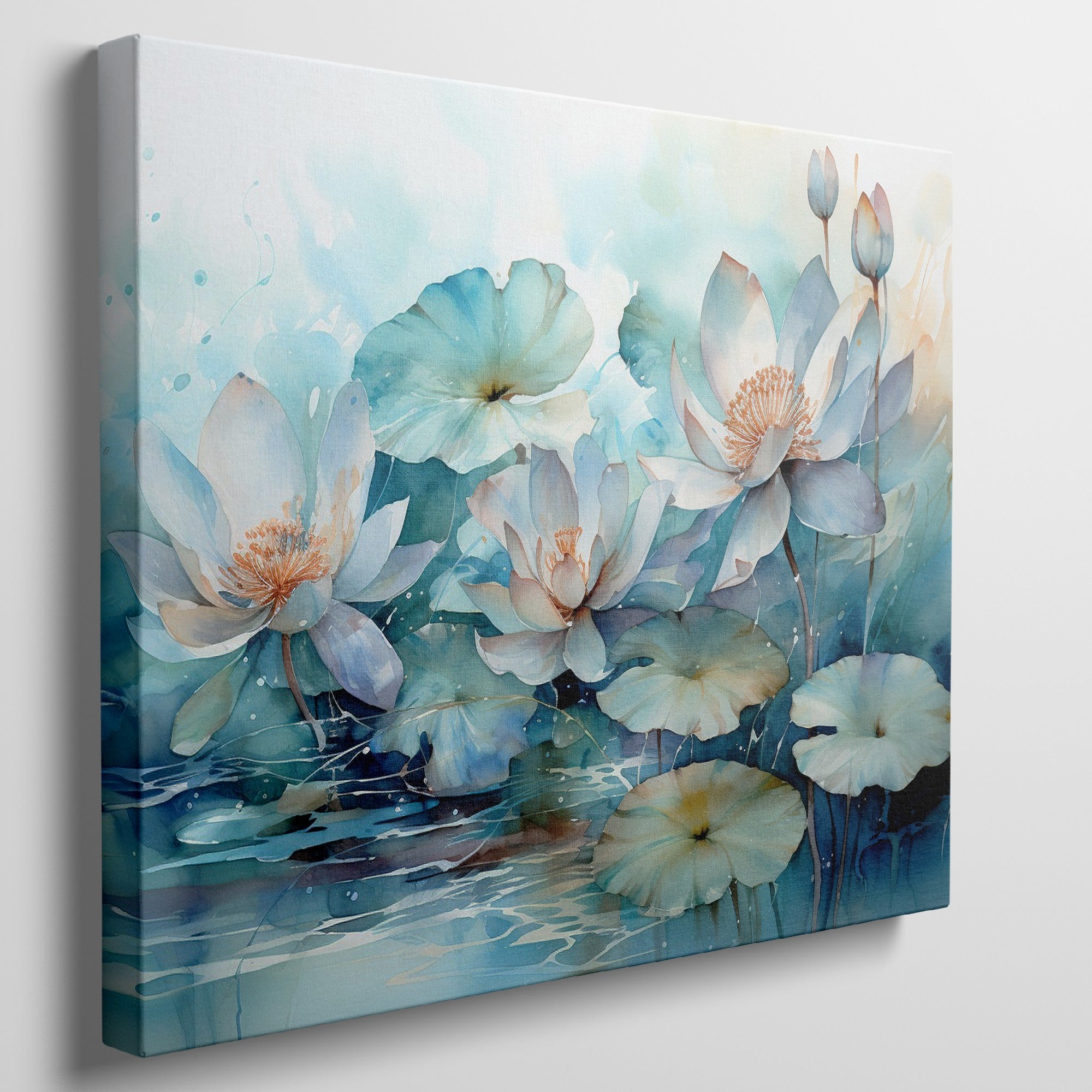 Framed canvas print of tranquil watercolor lotus pond with delicate blues and teals