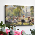 Framed canvas print of a Victorian picnic in a sunlit park with ladies in period attire