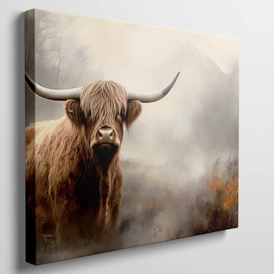 Framed canvas print of a majestic Highland Cow in a foggy autumnal landscape with warm earthy tones