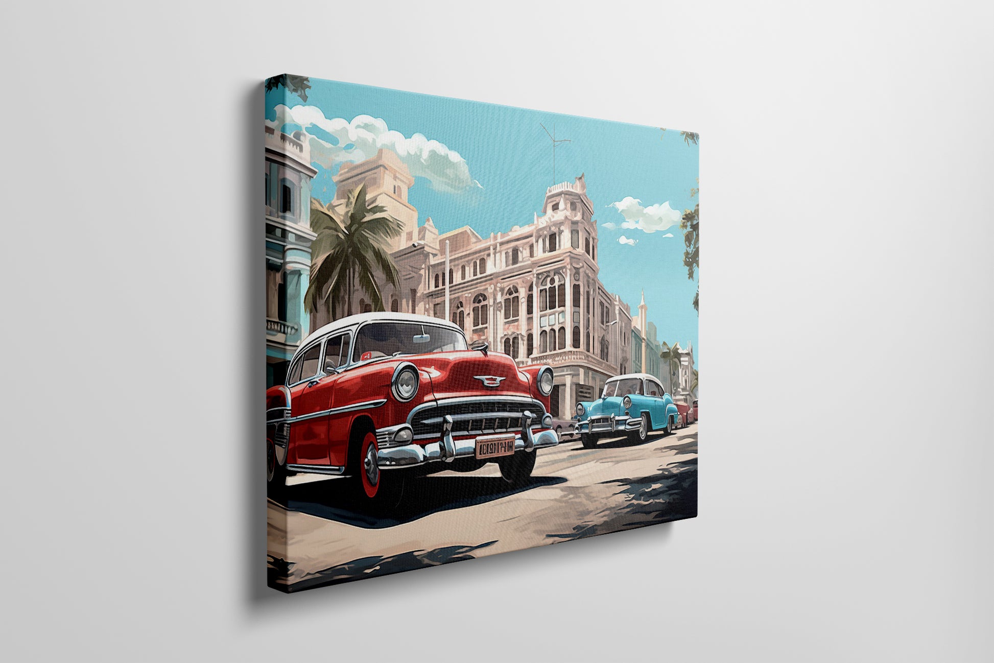 Framed canvas print of vintage cars and historic urban street scene in vibrant colours