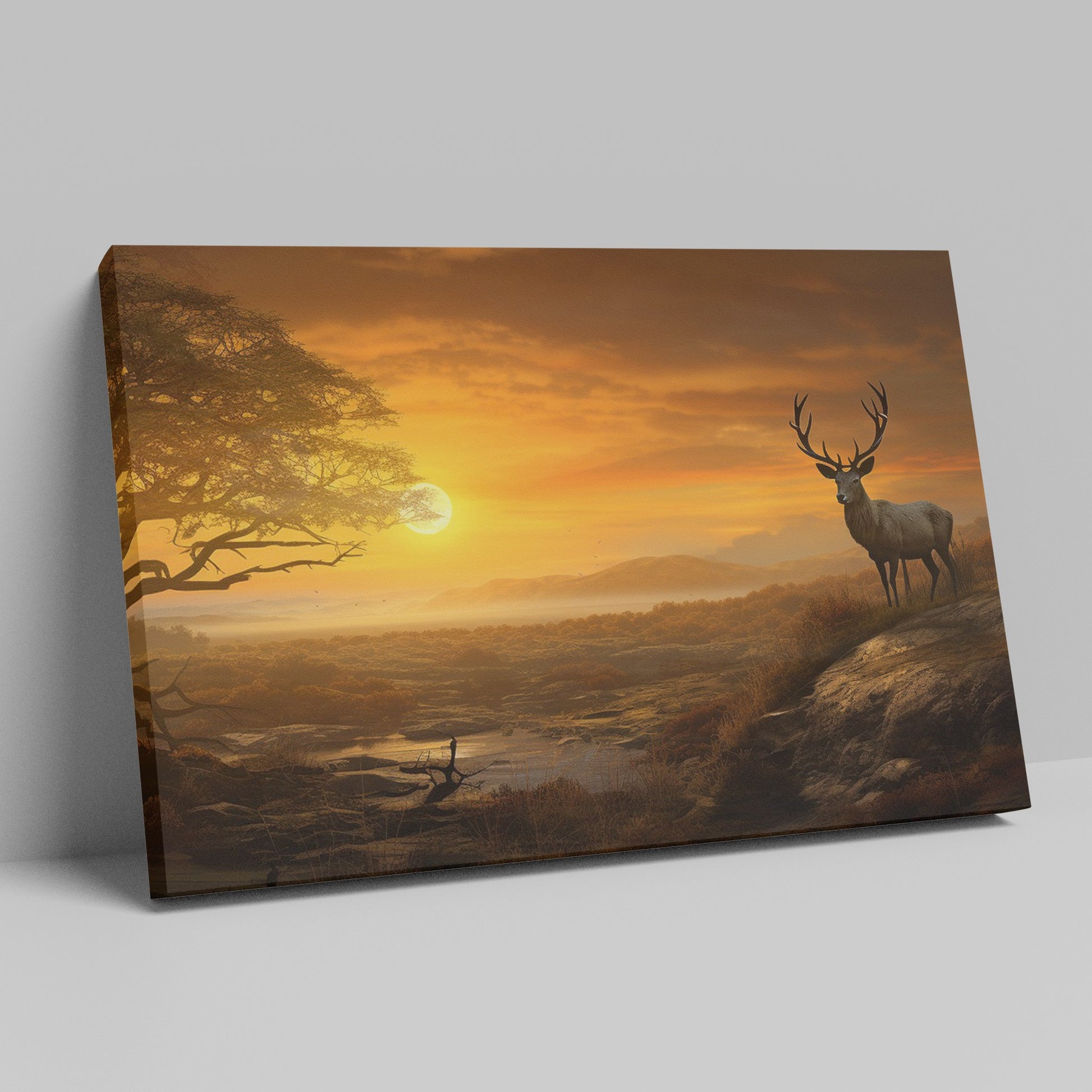 Framed canvas print of a majestic stag in a savanna sunset landscape with warm orange hues