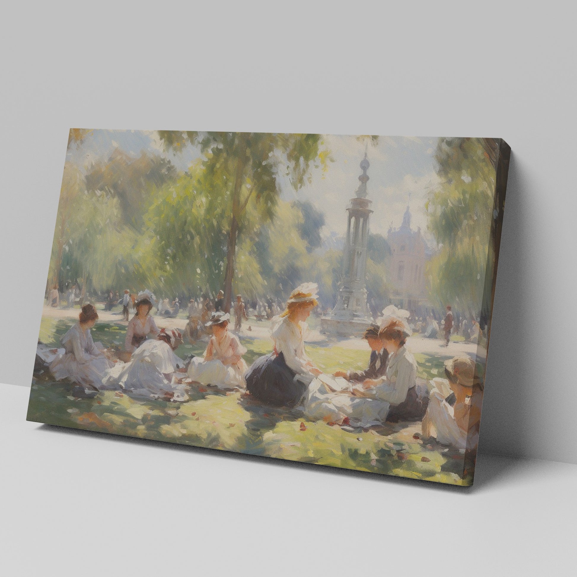 Framed canvas print of a Victorian picnic in a sunlit park with ladies in period attire