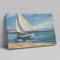 Framed canvas print of a serene sailboat seascape with vivid blue ocean and sky