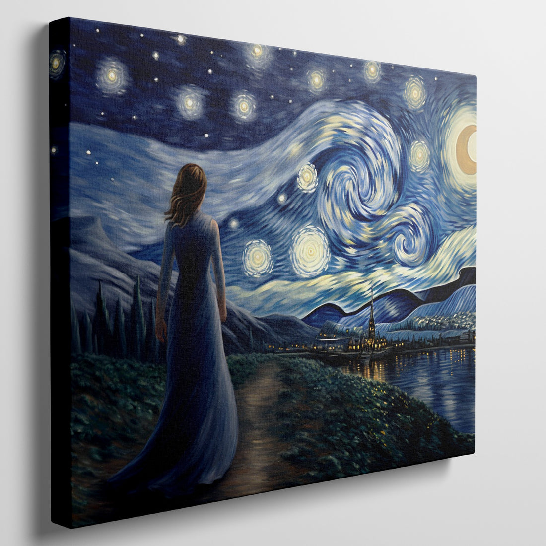 Framed canvas print of a woman in a blue dress gazing at a starry night sky with swirling patterns over a village