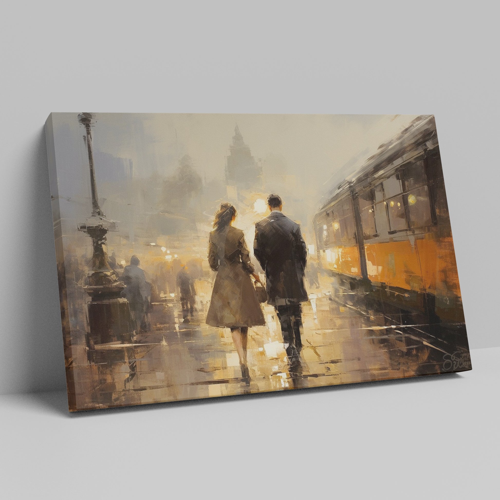 Framed canvas print of a couple's evening city walk with reflections and warm light tones